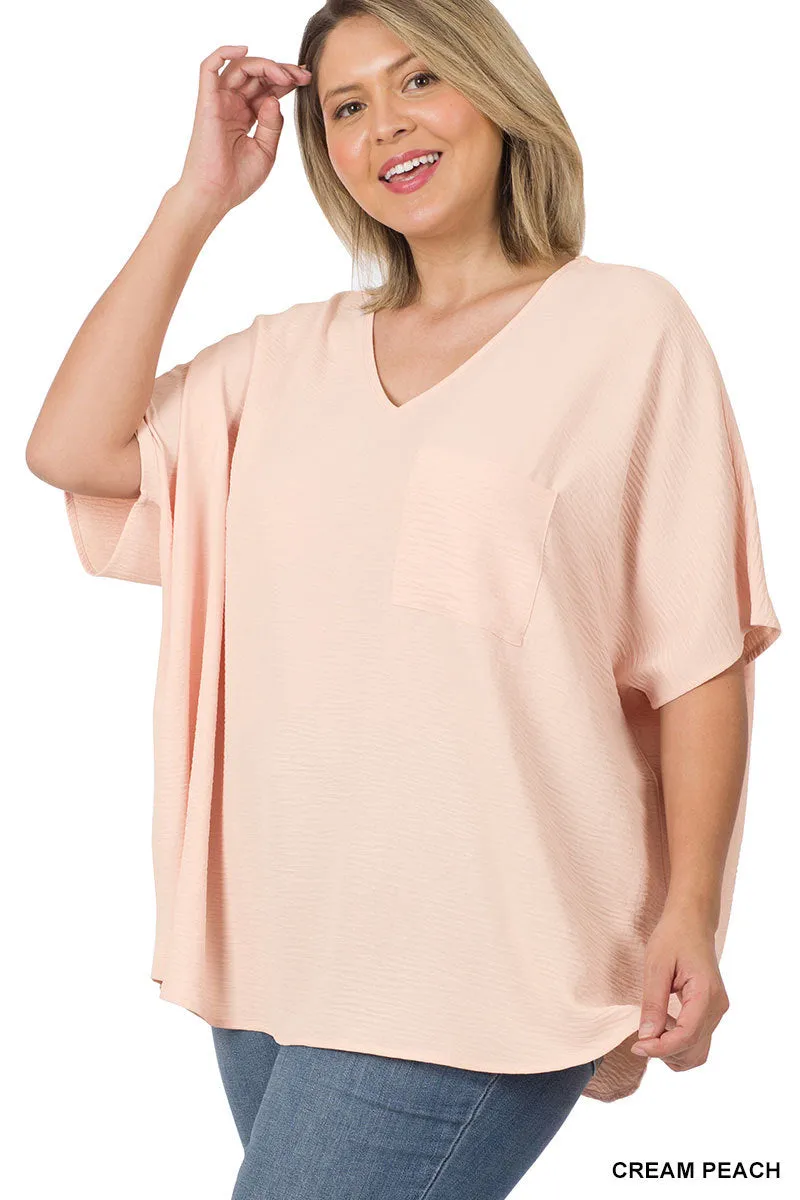 Plus Size V Neck Woven Airflow Dolman Short Sleeve Blouse Top with Front Pocket and Relaxed Fit