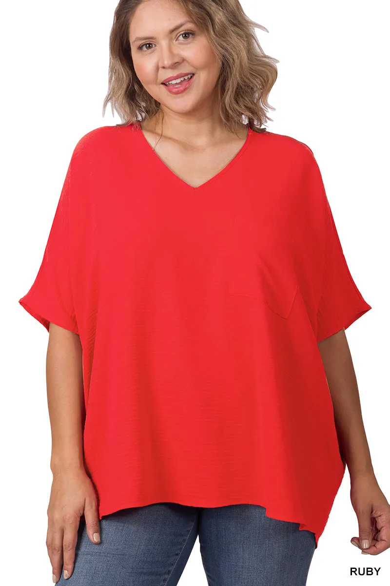 Plus Size V Neck Woven Airflow Dolman Short Sleeve Blouse Top with Front Pocket and Relaxed Fit