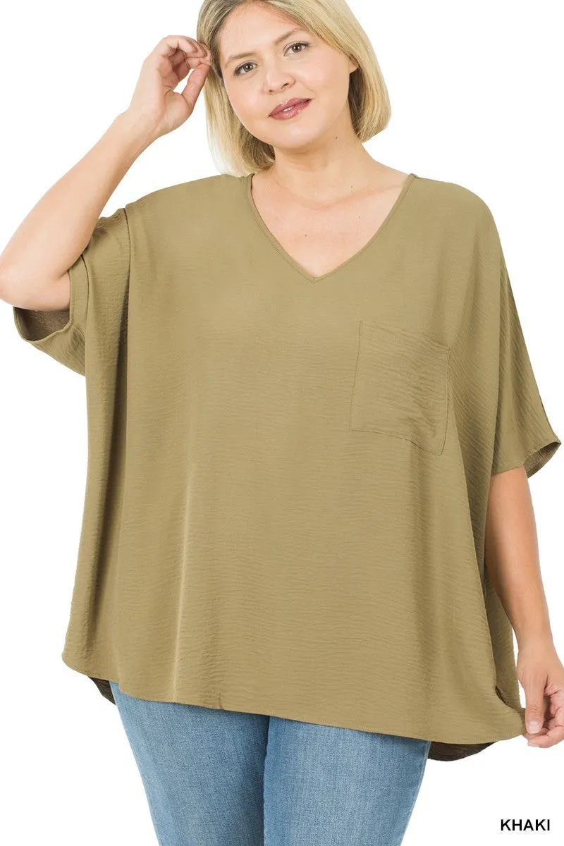 Plus Size V Neck Woven Airflow Dolman Short Sleeve Blouse Top with Front Pocket and Relaxed Fit