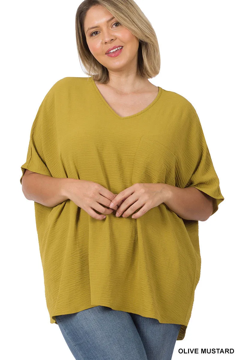 Plus Size V Neck Woven Airflow Dolman Short Sleeve Blouse Top with Front Pocket and Relaxed Fit