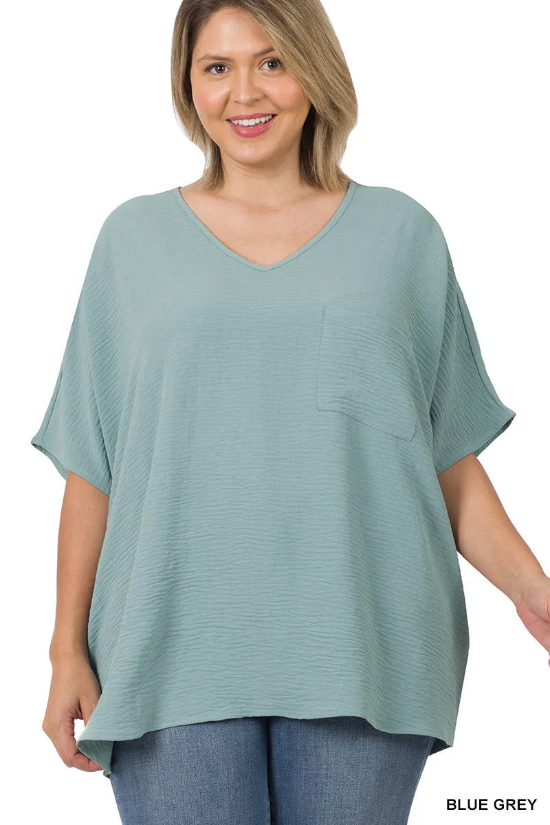 Plus Size V Neck Woven Airflow Dolman Short Sleeve Blouse Top with Front Pocket and Relaxed Fit