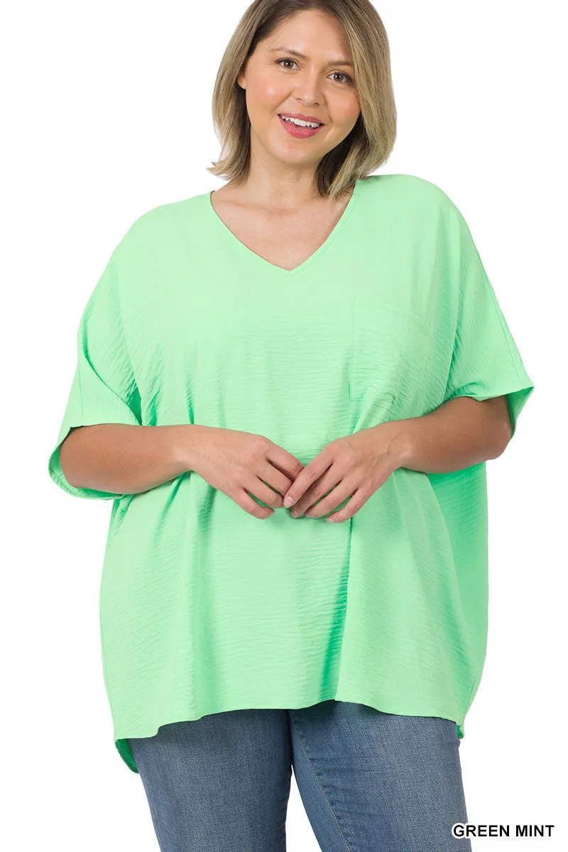 Plus Size V Neck Woven Airflow Dolman Short Sleeve Blouse Top with Front Pocket and Relaxed Fit