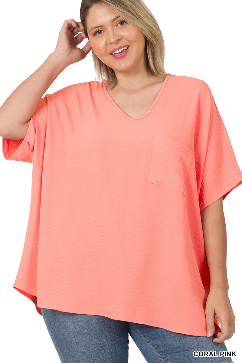 Plus Size V Neck Woven Airflow Dolman Short Sleeve Blouse Top with Front Pocket and Relaxed Fit