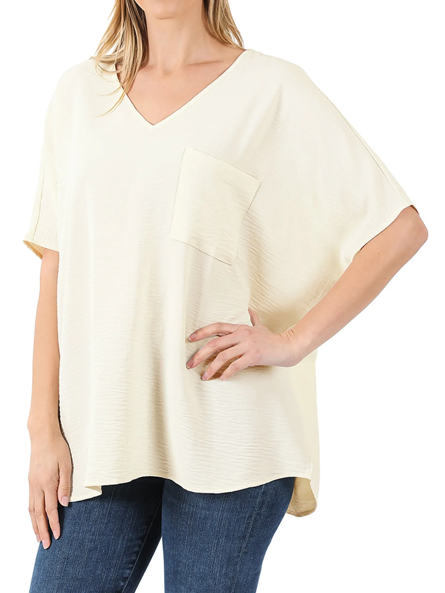 Plus Size V Neck Woven Airflow Dolman Short Sleeve Blouse Top with Front Pocket and Relaxed Fit