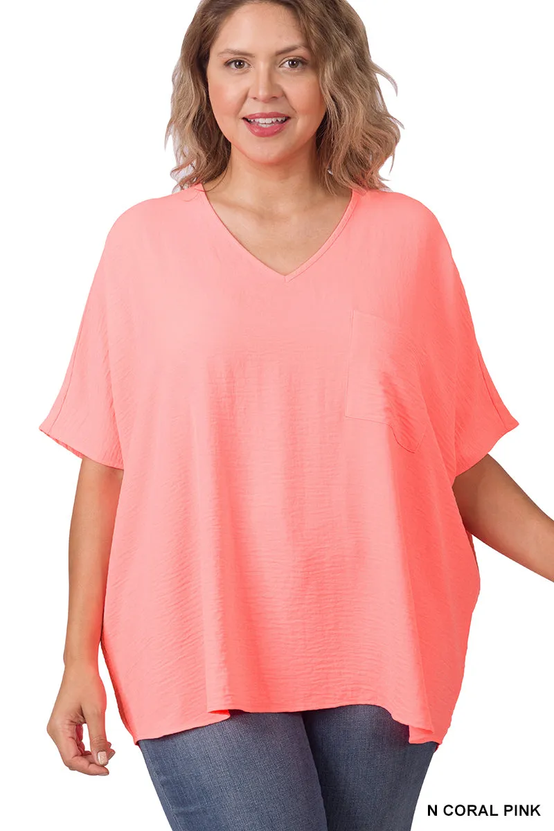 Plus Size V Neck Woven Airflow Dolman Short Sleeve Blouse Top with Front Pocket and Relaxed Fit