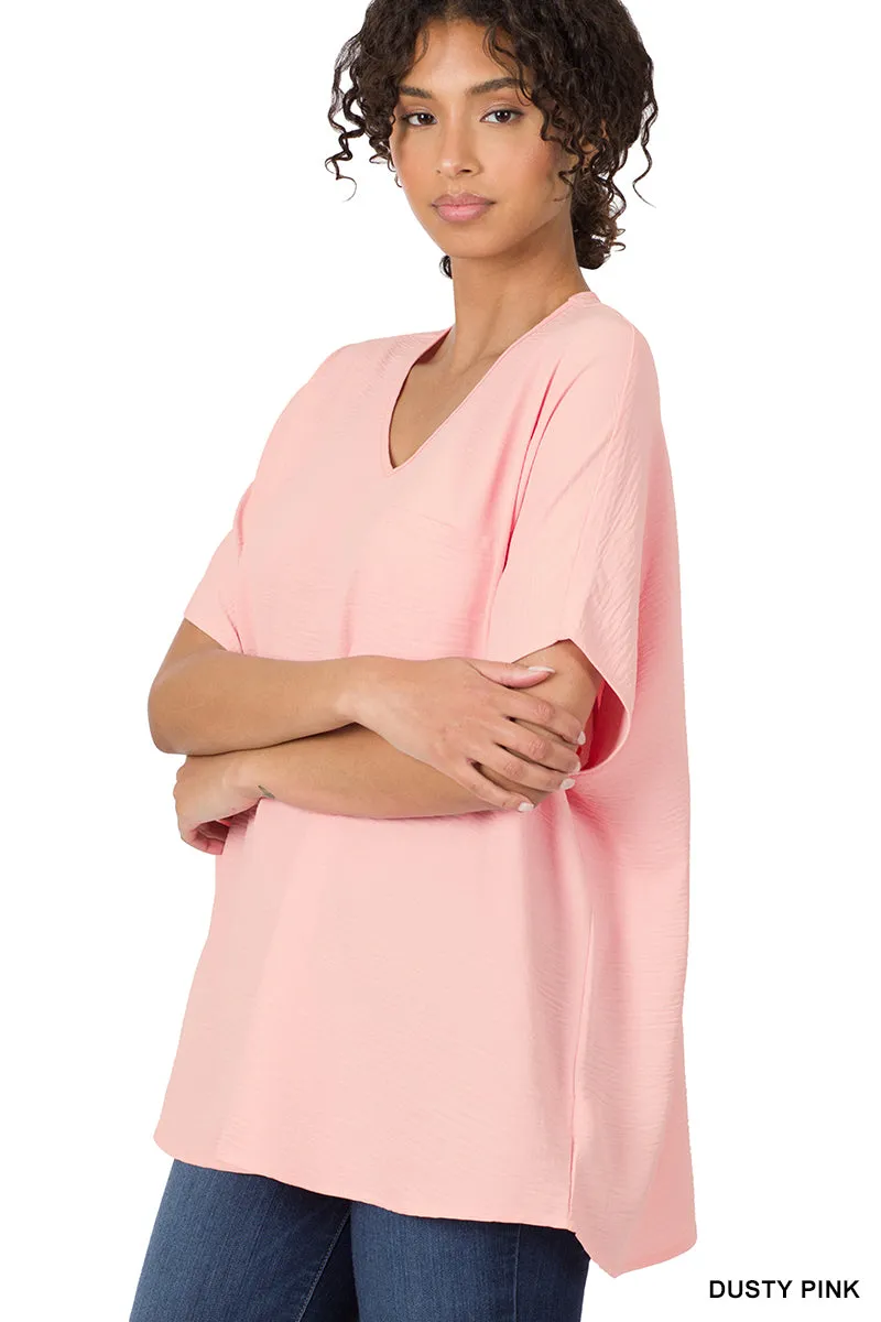 Plus Size V Neck Woven Airflow Dolman Short Sleeve Blouse Top with Front Pocket and Relaxed Fit