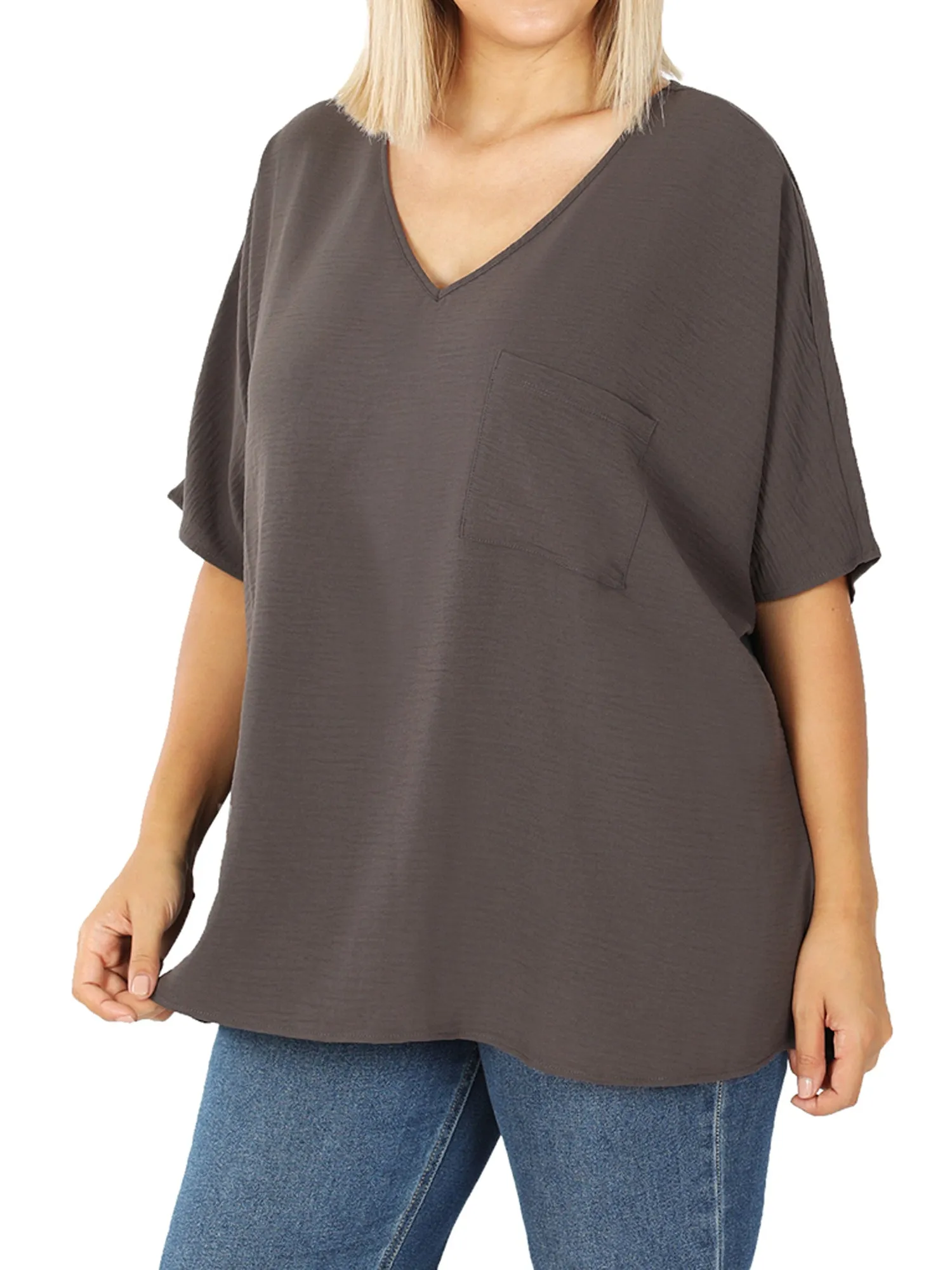 Plus Size V Neck Woven Airflow Dolman Short Sleeve Blouse Top with Front Pocket and Relaxed Fit