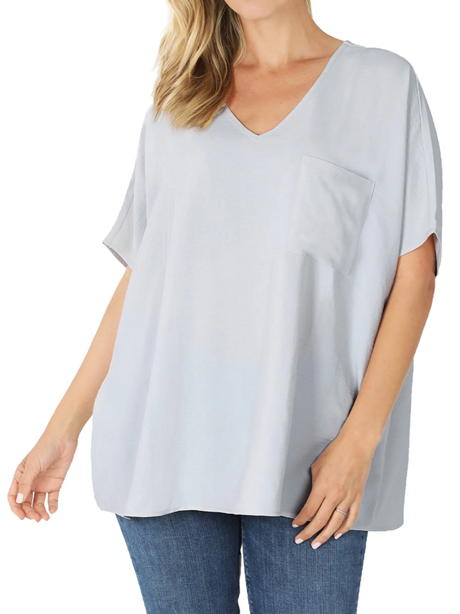 Plus Size V Neck Woven Airflow Dolman Short Sleeve Blouse Top with Front Pocket and Relaxed Fit