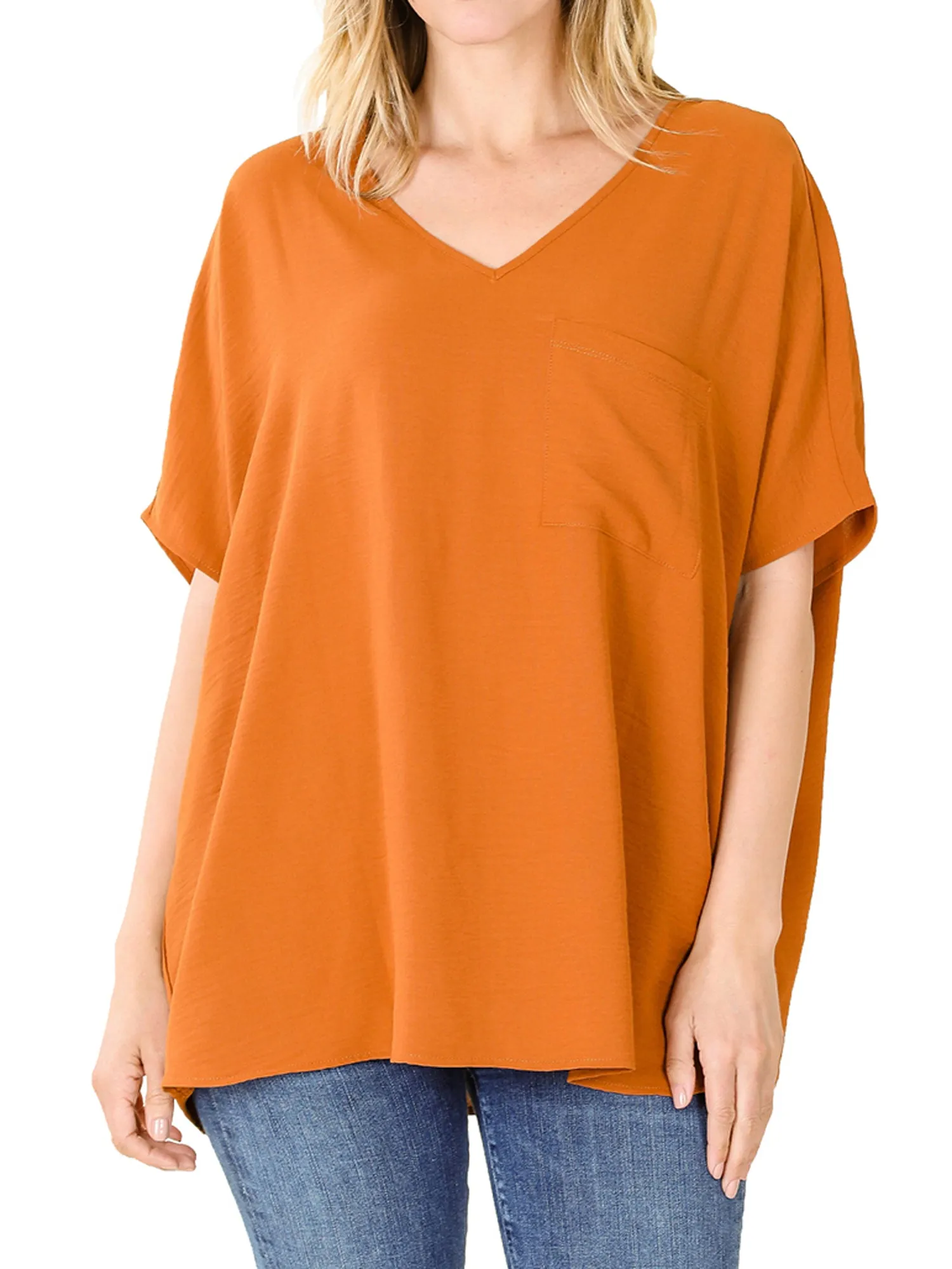 Plus Size V Neck Woven Airflow Dolman Short Sleeve Blouse Top with Front Pocket and Relaxed Fit