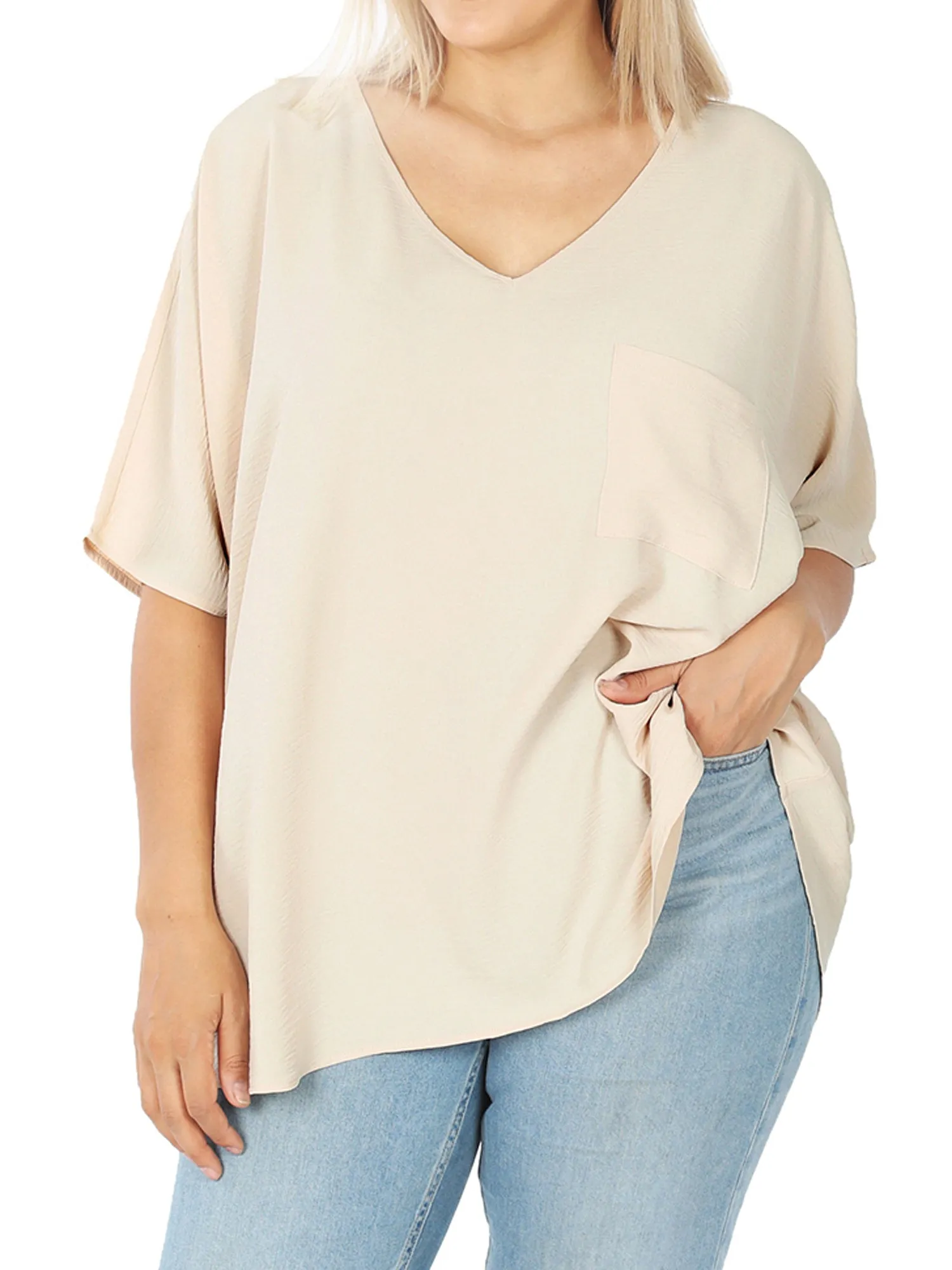 Plus Size V Neck Woven Airflow Dolman Short Sleeve Blouse Top with Front Pocket and Relaxed Fit