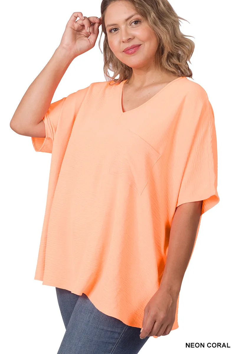 Plus Size V Neck Woven Airflow Dolman Short Sleeve Blouse Top with Front Pocket and Relaxed Fit