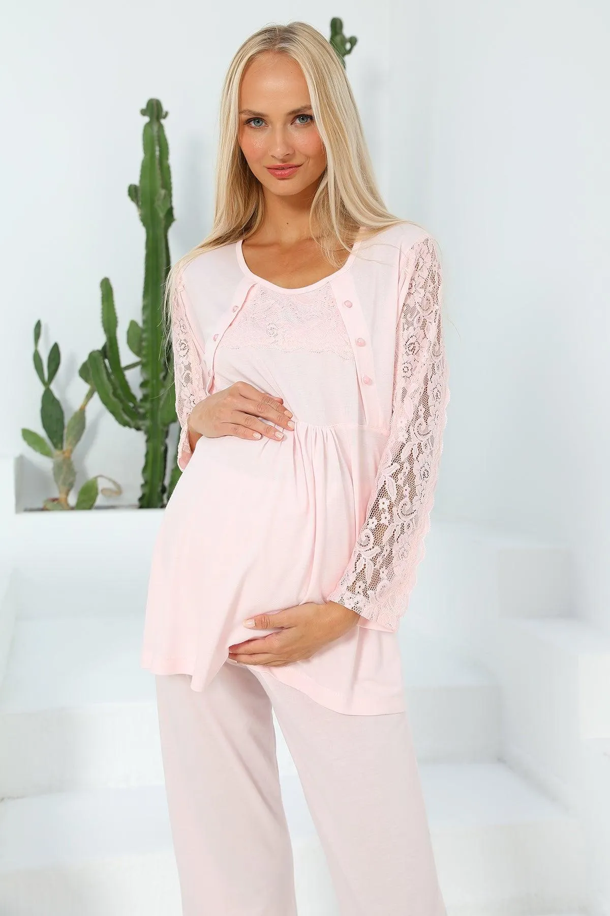 Shopymommy 55303 Elegance Lace Sleeves Maternity & Nursing Pajamas