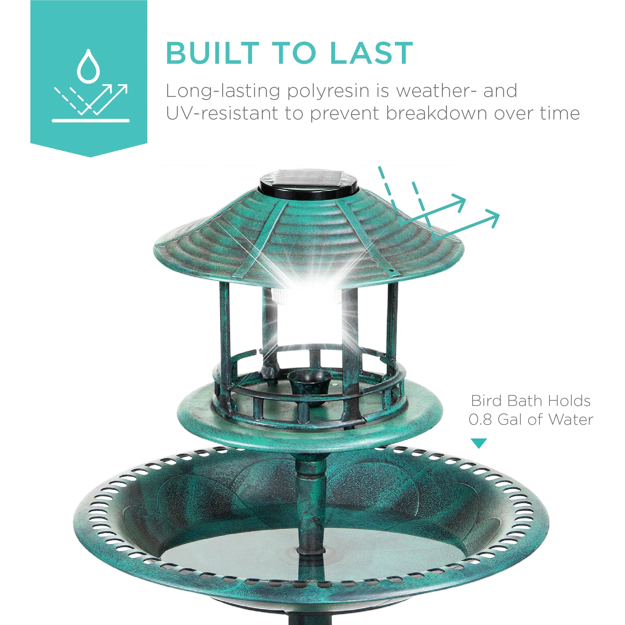 Solar Lighted Outdoor Pedestal Bird Bath w/ Planter, Decorative Bird Cage