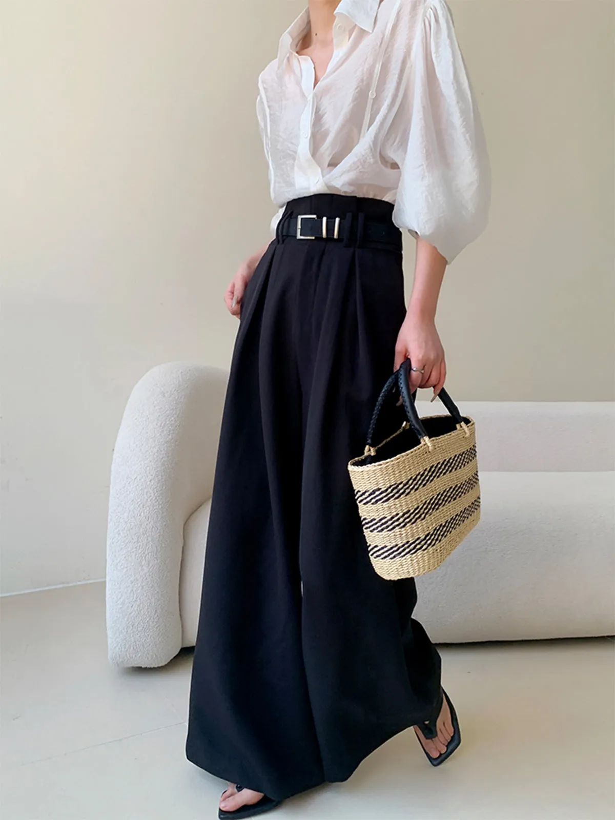 Solid Wide Leg Trendy Pants Without Belt