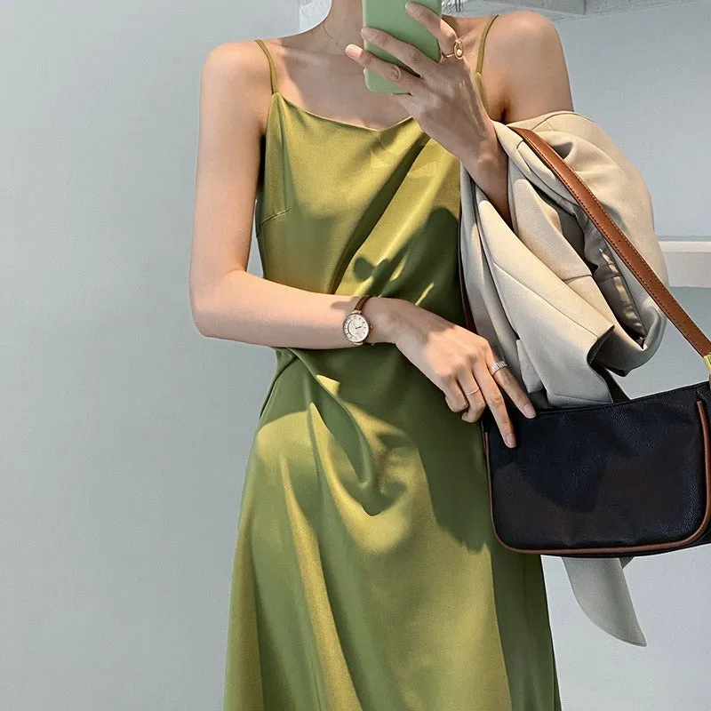 Stylish Satin Slip Dress - Green