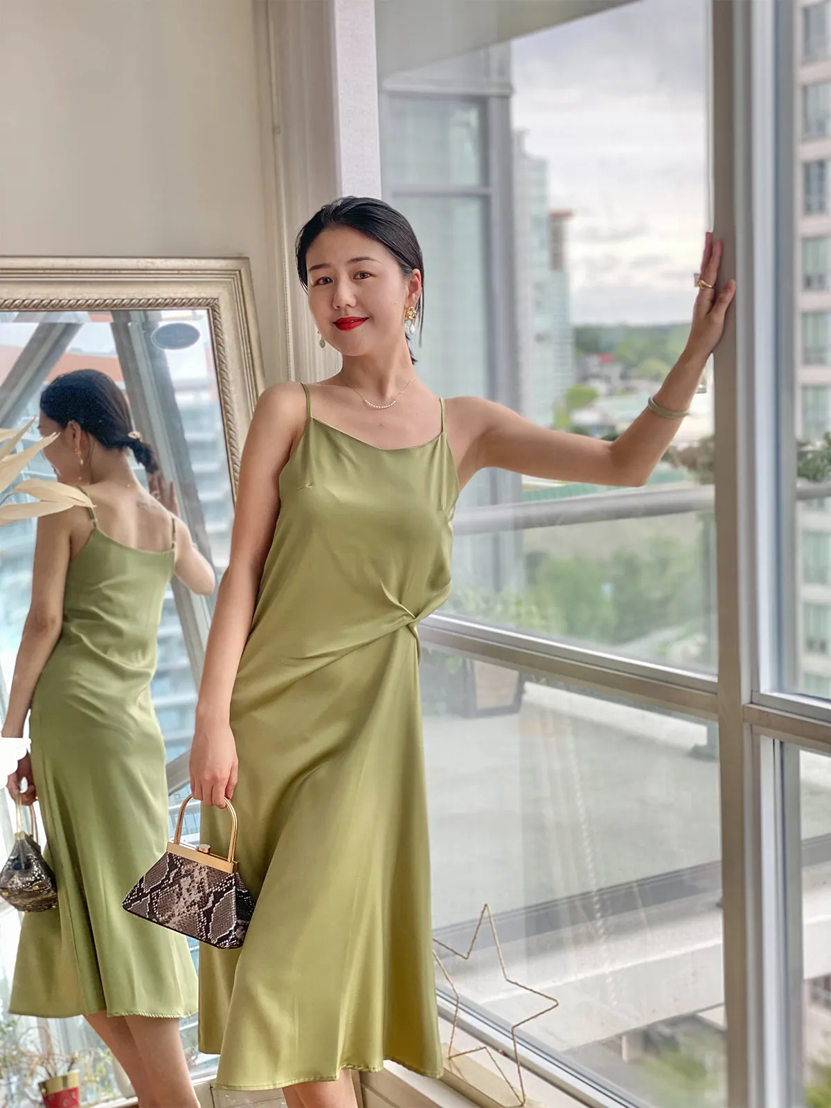 Stylish Satin Slip Dress - Green