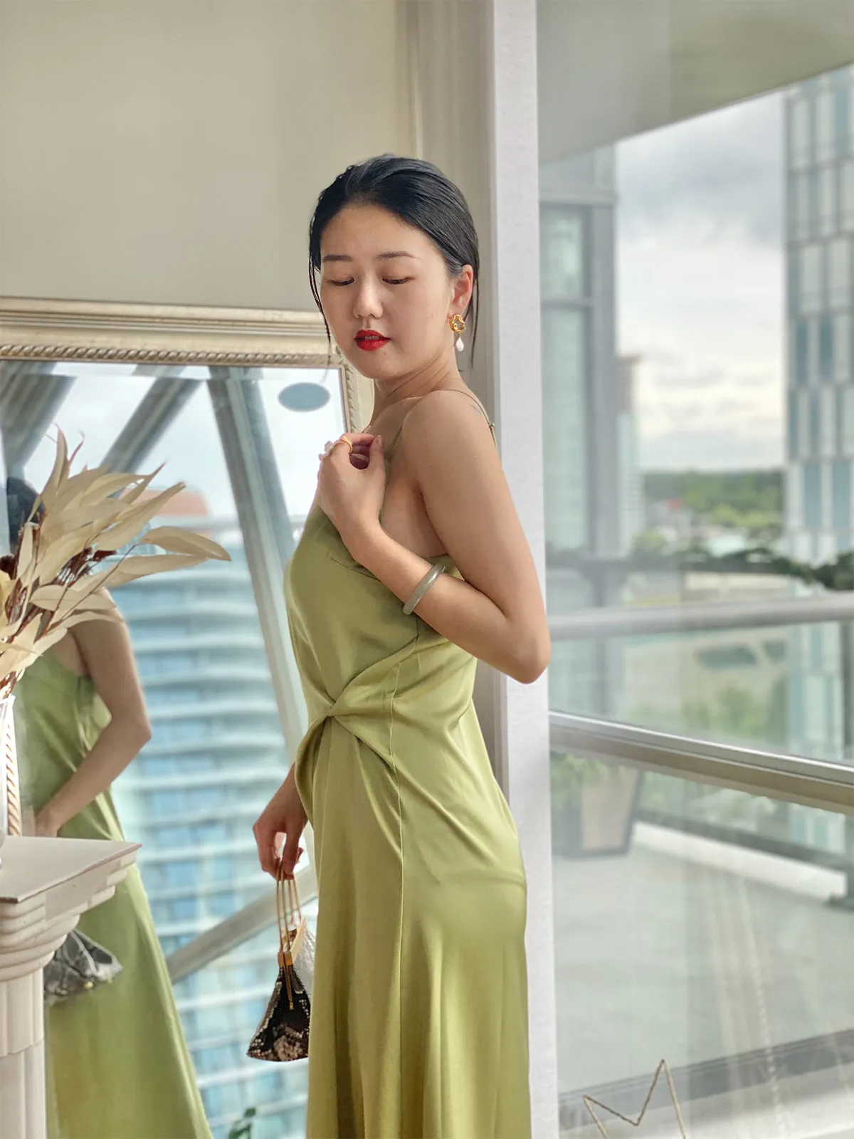 Stylish Satin Slip Dress - Green