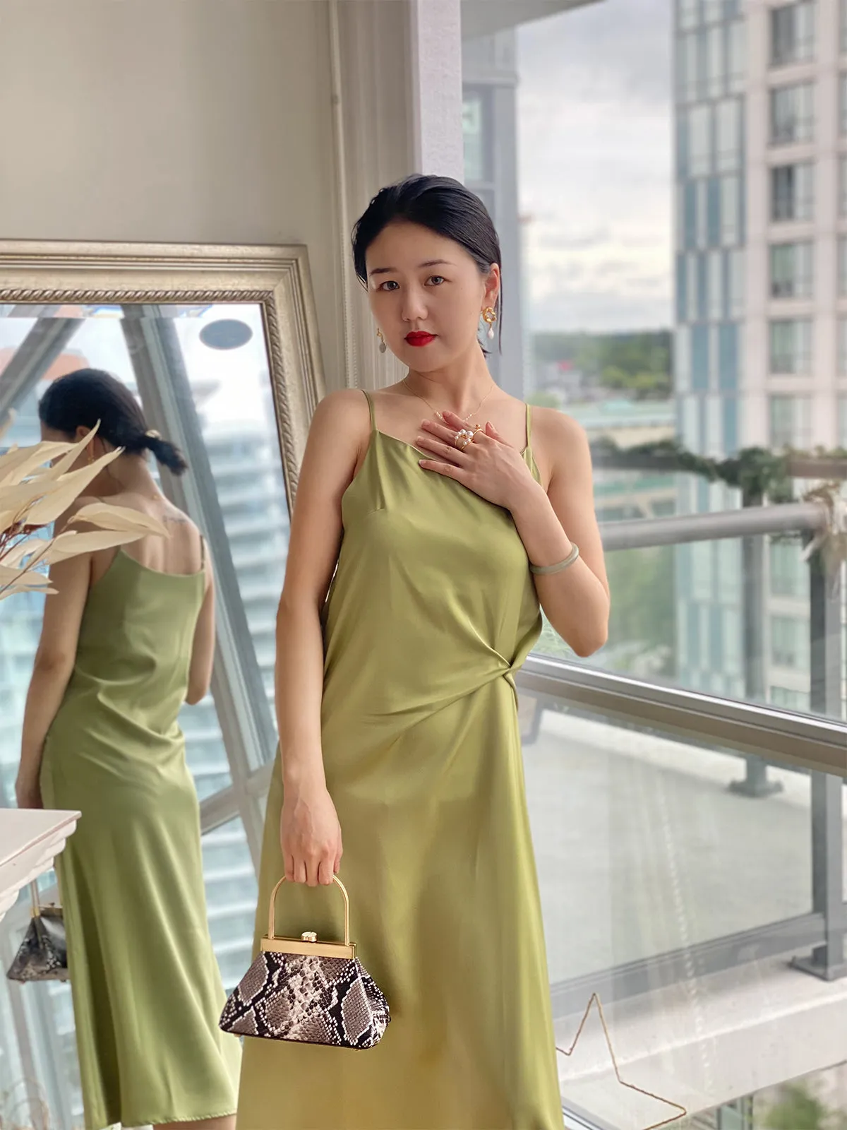 Stylish Satin Slip Dress - Green