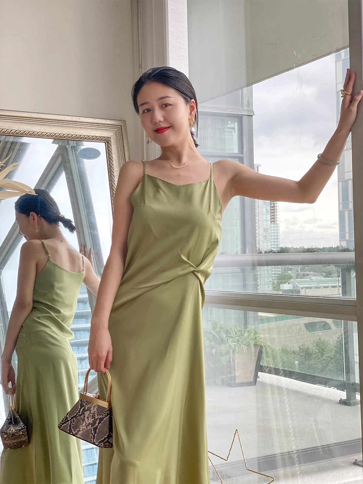 Stylish Satin Slip Dress - Green