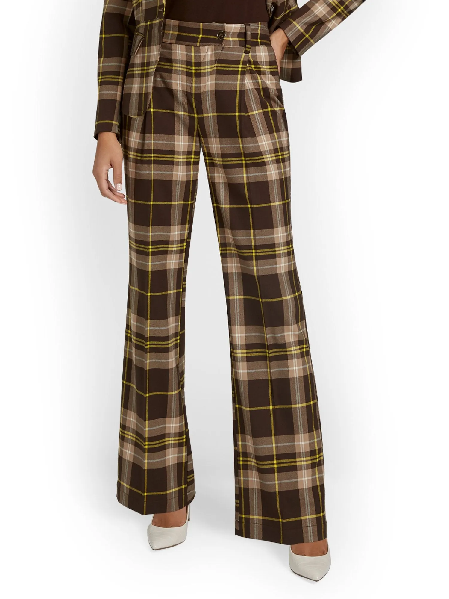 Tall Plaid Asymmetric-Button Wide-Leg Pant