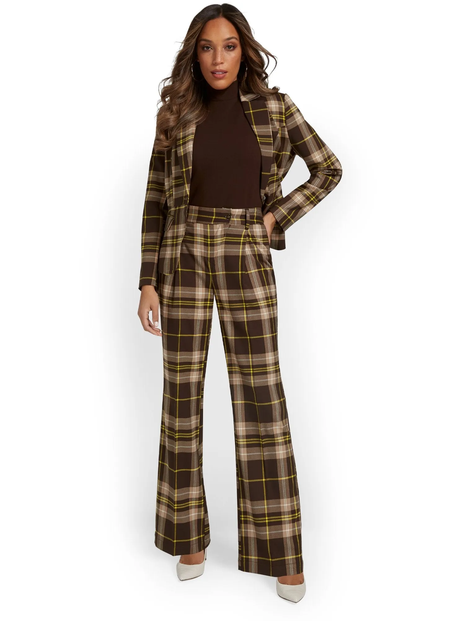 Tall Plaid Asymmetric-Button Wide-Leg Pant