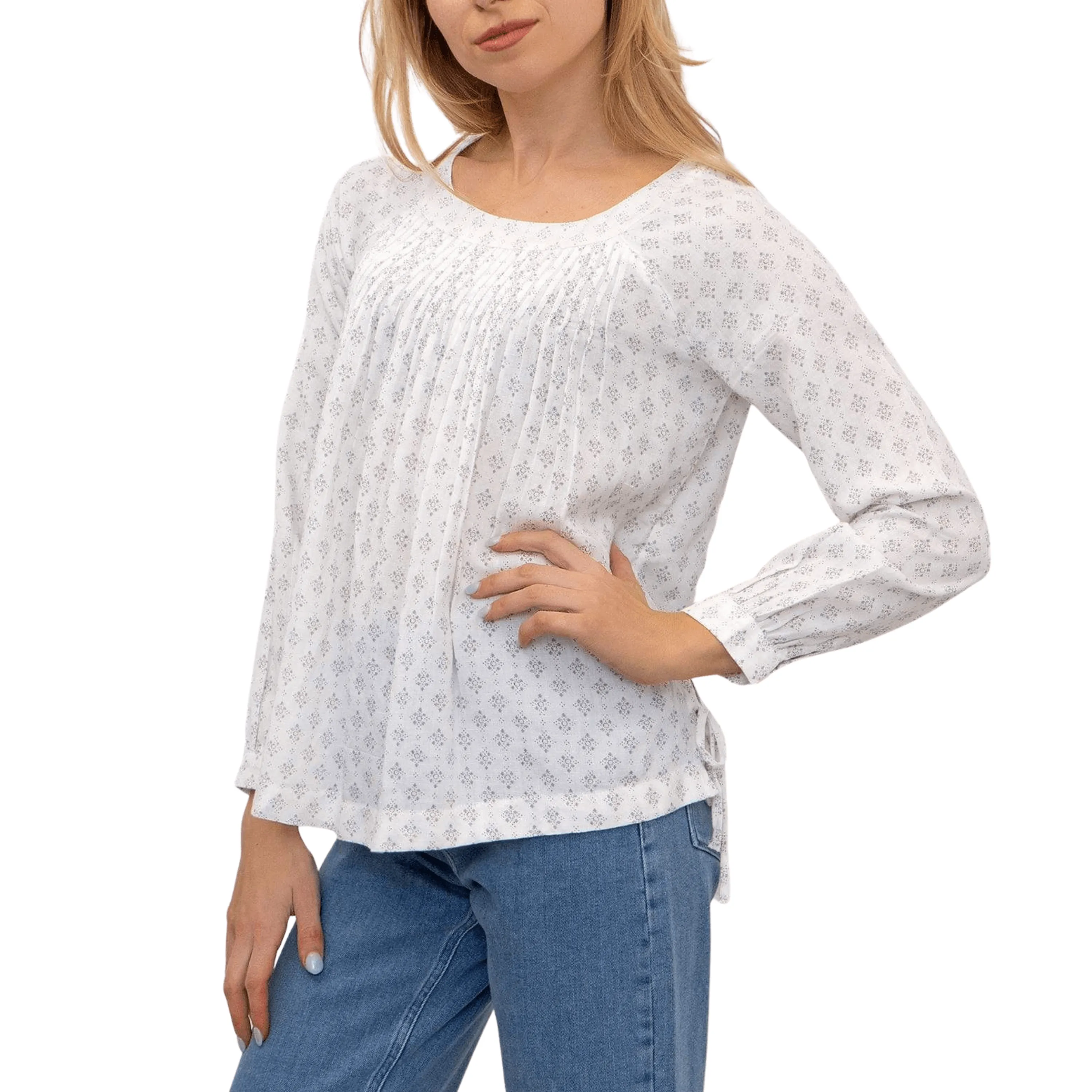 White Diamond Dot Pleated Long Sleeve Lightweight Casual Tops