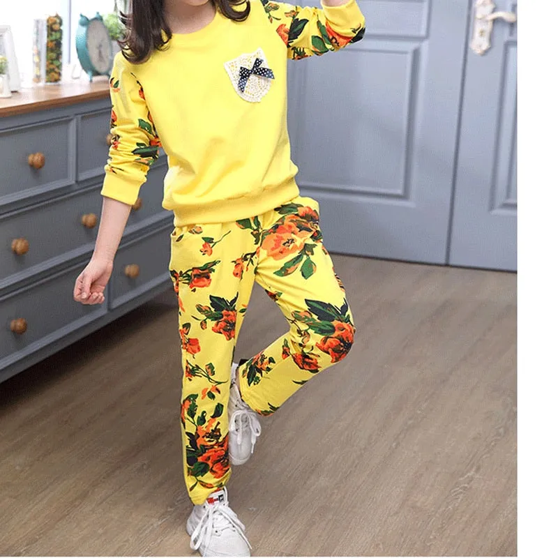 Winter Children Clothing Sets for Girls Floral Baby Clothes Cotton Kids Tracksuit shirt and Pants