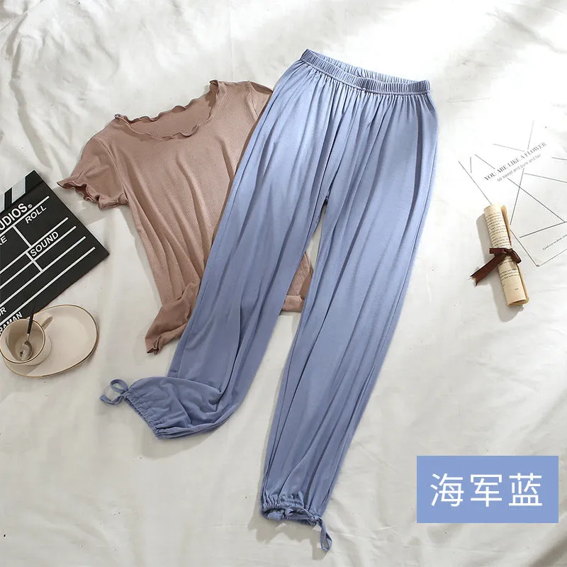 Women Drawstring Jogger Pants Modal Slim-Look Wide Leg Trendy Casual Long Pants