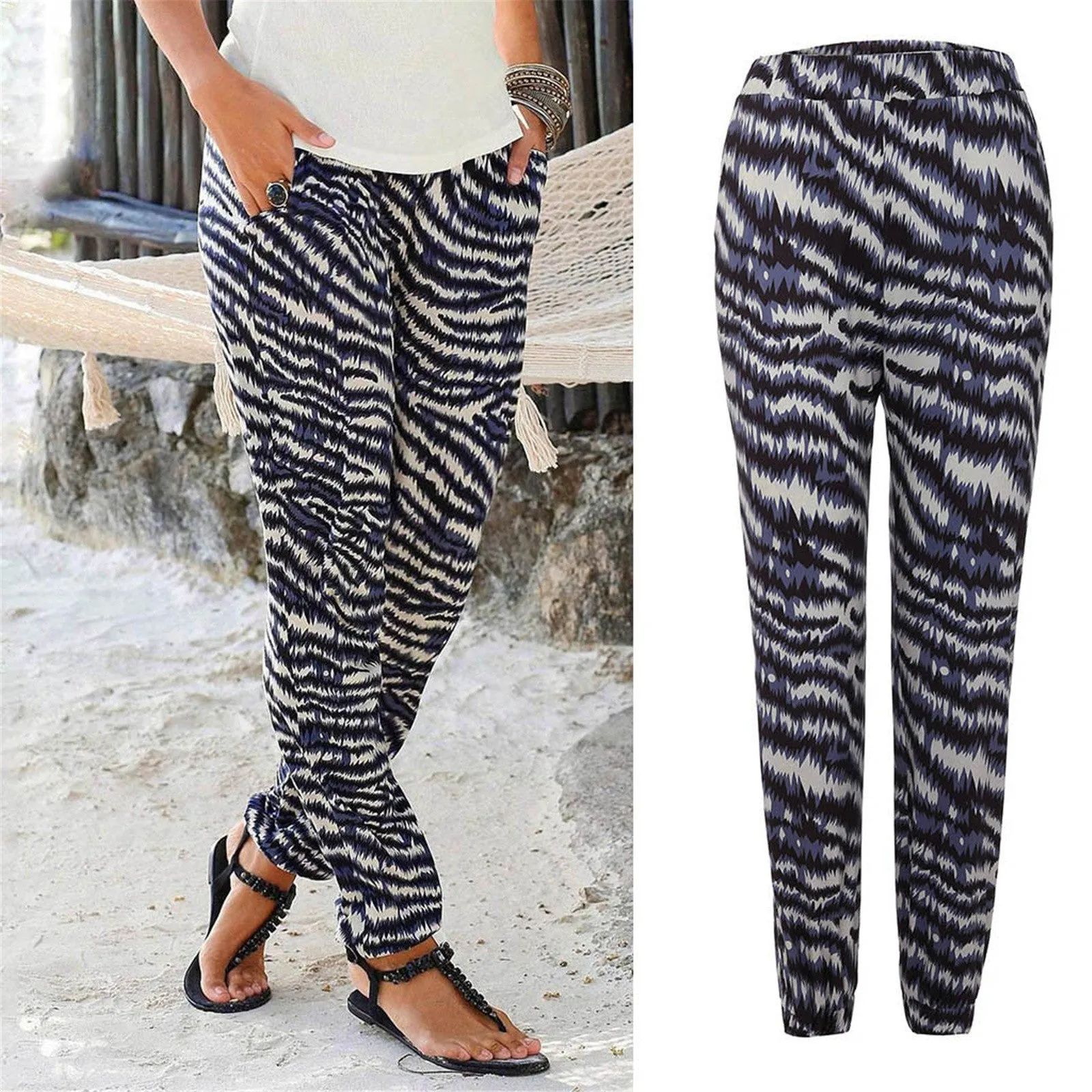 Women Summer Trendy High Waist Printed Pants Straight Street Style Casual Pants