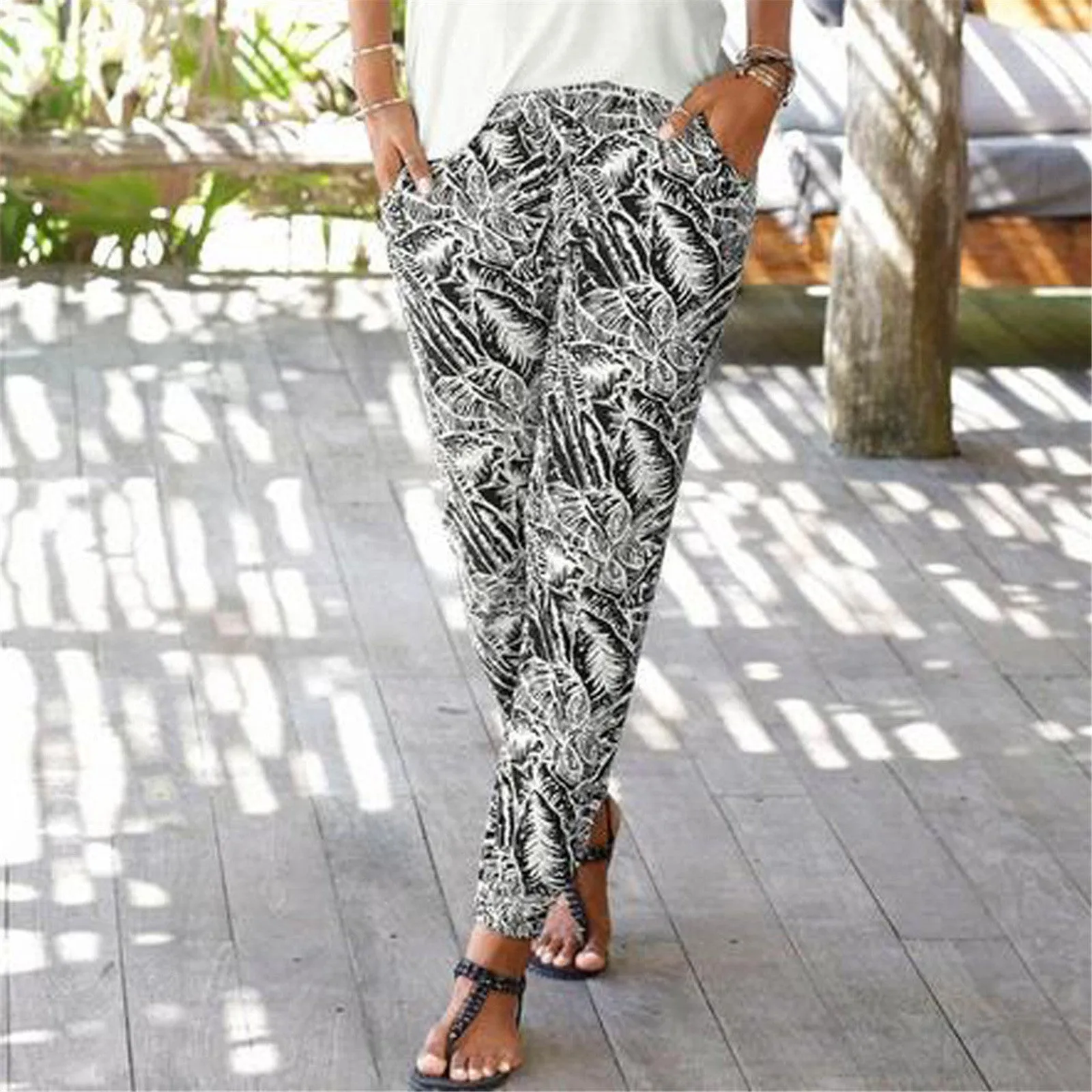 Women Summer Trendy High Waist Printed Pants Straight Street Style Casual Pants