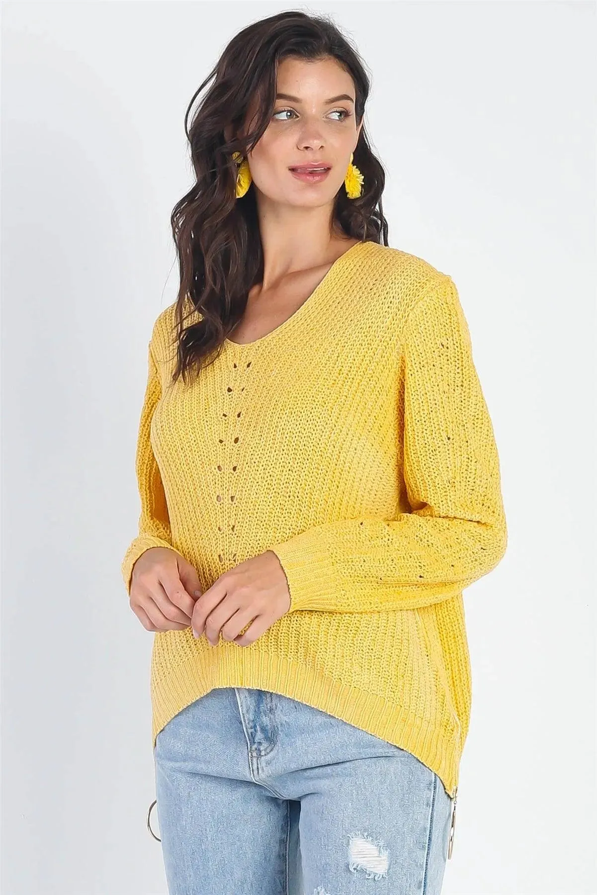 Yellow Knit Zip-Down Detail Long Sleeve Top