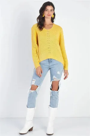 Yellow Knit Zip-Down Detail Long Sleeve Top